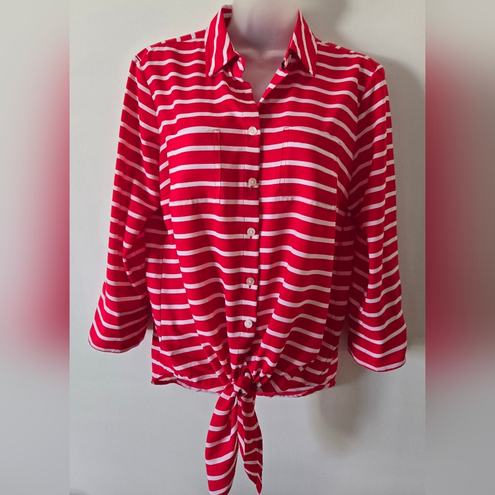 Jones New York Signature Petite Top Red/White Tie Front Sz PM Euc